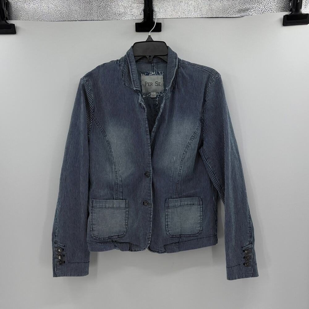 Per Se J. Crew Women's Denim Stripe Two Button Blazer - Blue/White - Large